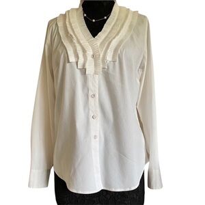 JohnPaulRichard White Cotton Ruffle Long Sleeve button down Shirt Blouse Medium